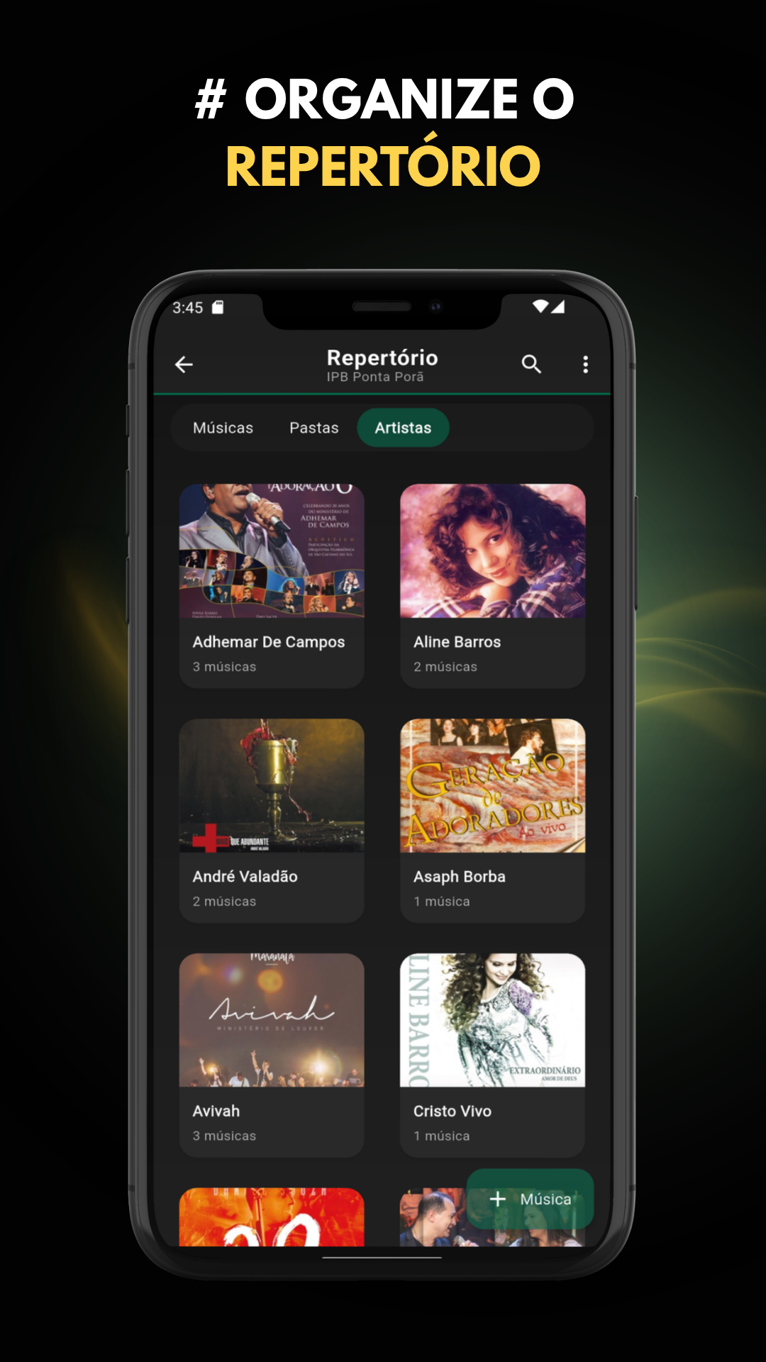 Organização de repertório por músicas, pastas e artistas